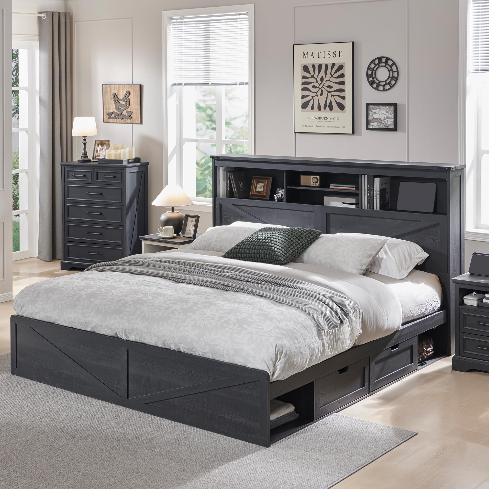 King Size Bed Frame With Storage Drawers - Rama łóżka w stylu rustykalnym, rozmiar