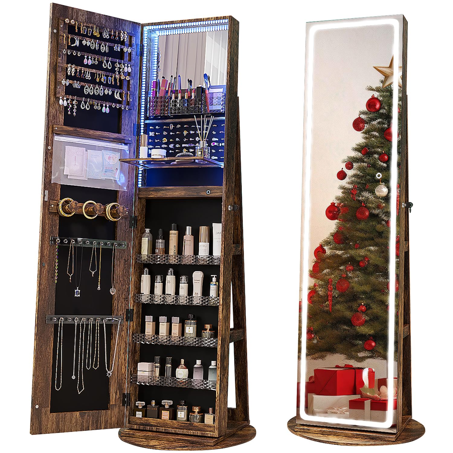 Full Length Mirror Jewelry Armoire - Obracane lustro LED z miejscem do