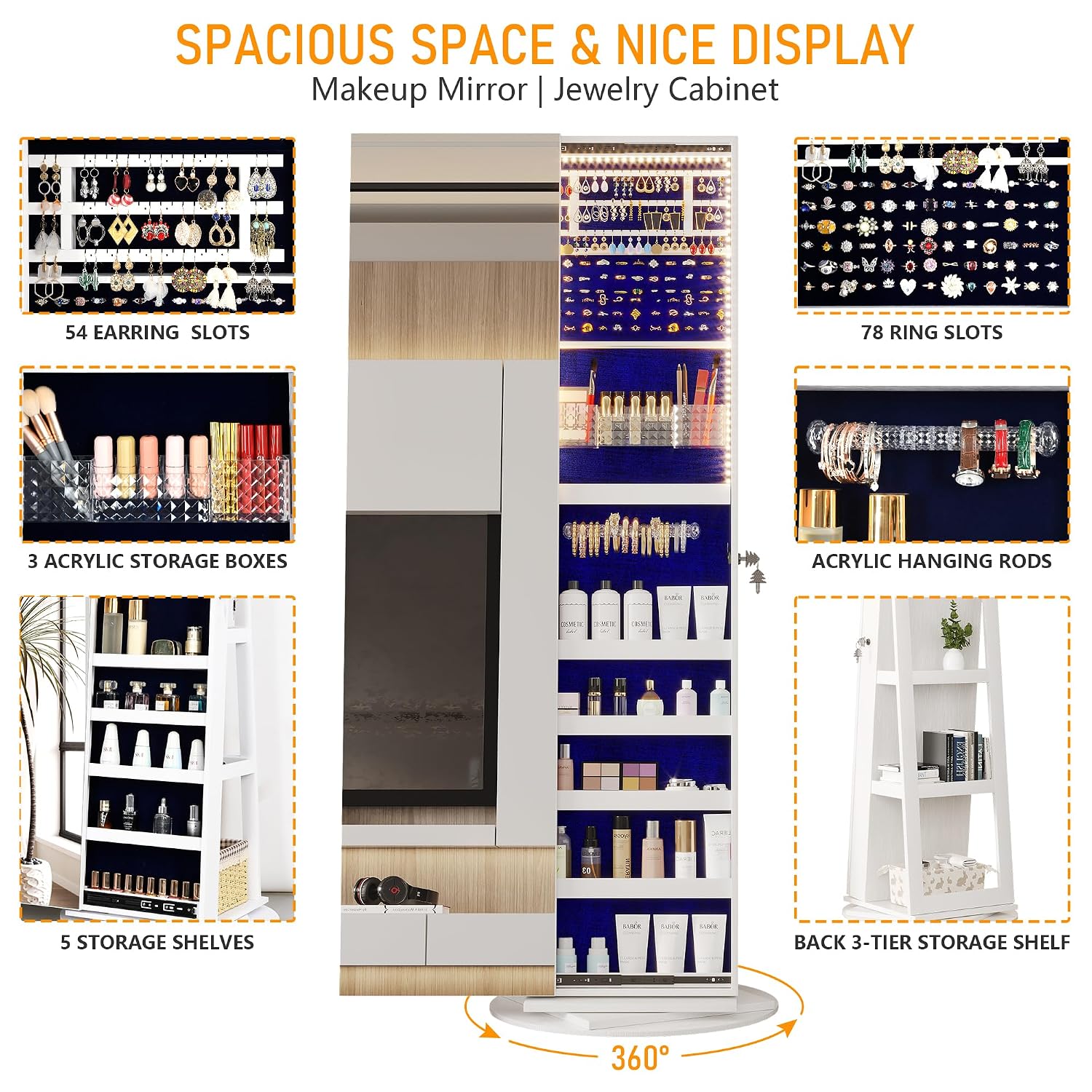 360 °   Obracana szafka na biż – Full Length Mirror Jewelry Armoire recenzja i cena